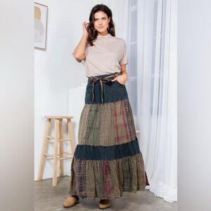 #200 NWT young threads. Blue and Brown Tiered Maxi Skirt Resort Wear